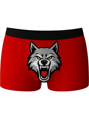Onudabunuda Baskılı Erkek Boxer Kurt Desenli Komik Eğlenceli Pamuklu Rahat Kesim Kırmızı Siyah