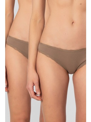 Kom Türen Kadın Likralı Ribana Dantelli Bikini Külot 2'li Paket 928/VIZON