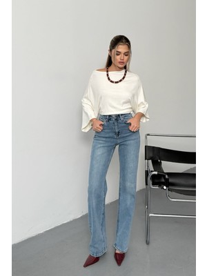 Jee Lee Kadın Yüksek Bel Likralı Esnek Wide Leg Jean Mavi - 26M 2616