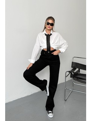 Jee Lee Kadın Yüksek Bel Likralı Esnek Wide Leg Jean Siyah - 26M 2616