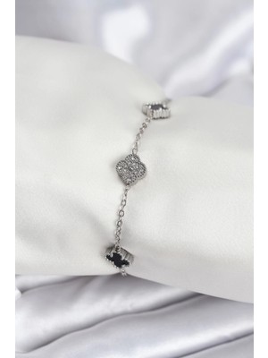 SHC4200 Bfs 316L Çelik Gümüş Renk Siyah ve Zirkon Taşlı Baby Boy Yonca Kadın Bileklik