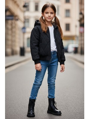 FullaModa Baklava Desen Kapitone  Kapüşonlu Unisex Çocuk Mont