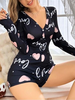 Aesco Siyah Kalp Desenli Love Yazılı Düğmeli Tulum Pijama
