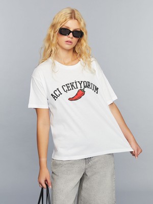 Lc Waikiki Yeni Sezon Bisiklet Yaka Slogan Baskılı Kadın Tişört