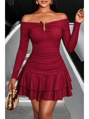 Mericline Kadın Omuzlardan Açık Belden Saran Büzgülü Etek Ucu Volanlı Dalgıç Mini Elbise