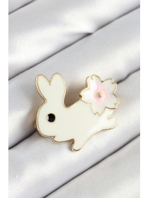 Ayder Timya Mineli Çiçek Detaylı Krem Tavşan Figürlü Gold Renk Kadın Broş (Timya/1395) 192762