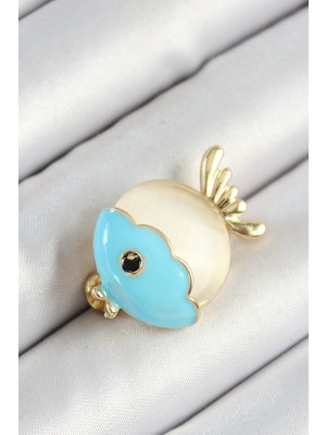 Ayder Timya Mineli Turkuaz Ve Krem Balık Figürlü Gold Renk Kadın Broş (Timya/1395) 192764
