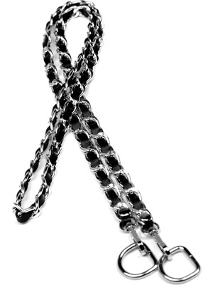 Nildenhobim Suni Derili Metal Çanta Zincir Seti Zincir Uzunluk 115 cm ( Gümüş Renk Zincir - Siyah Deri )