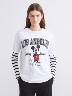 Lc Waikiki Yeni Sezon Bisiklet Yaka Mickey Mouse Baskılı Kadın Tişört