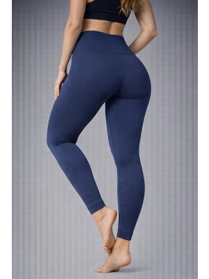 Velmora Fashion Nonofit Kadın Yüksek Bel Full Extra Toparlayıcı Likralı Ön Arka ve Bilek Desenli Tayt - Lacivert