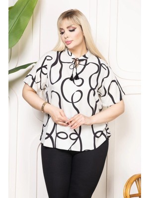 Velmora Fashion Kadın Desenli Püsküllü Viskon Bluz Bebe Yaka Kısa Kollu Big Size Rahat Kesim - Desenli