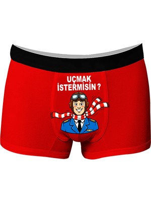 Onudabunuda Baskılı Erkek Boxer Uçmak Istermisin Desenli Komik Eğlenceli Pamuklu Likralı Rahat Kesim Kırmızı Siyah