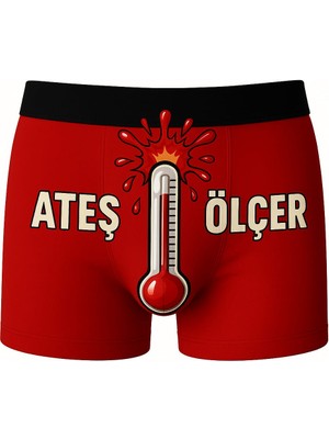 Onudabunuda Baskılı Erkek Boxer Ateş Ölçer Desenli Komik Eğlenceli Pamuklu Likralı Rahat Kesim Kırmızı Siyah