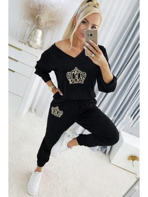 Gökyüzü Moda Kadın Uzun Kollu V Yakalı Desenli Viskon Iki Iplik Bluz ve Pantolon Ikili Takım