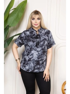Gökyüzü Moda Desenli Püsküllü Viskon Bluz Bebe Yaka Kısa Kollu Big Size Rahat Kesim - Desenli