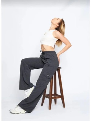 Gökyüzü Moda Yüksek Bel Kargo Cepli Palazzo Pantolon Oversize Bol Paça Iki Iplik Rahat Kesim - Antrasit