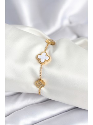 Ayder Timya 316L Çelik Zincir Zirkon Taşlı Yonca Beyaz Kadın Bileklik (Timya/1395) 194244