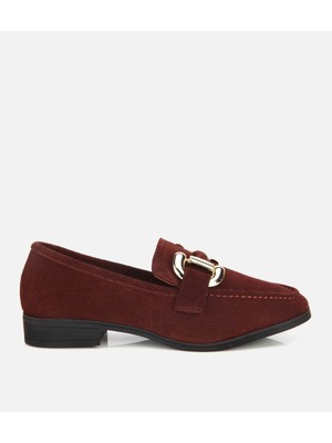Hotiç Kadın Süet Deri Bordo Tokalı Klasik Loafer