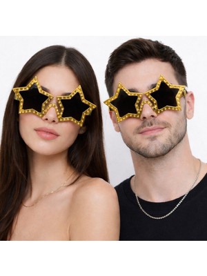 Bigelal Altın Renk Disko Yıldızı Retro Parti Gözlüğü 16X7 cm