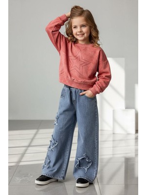Miniğimin Cicileri Minigimin Cicileri Yıldız Taşlı Detaylı Sweatshirt Yıldız Detay Jean Pantolonlu 2 Li Kız Çocuk Takım - Kiremit