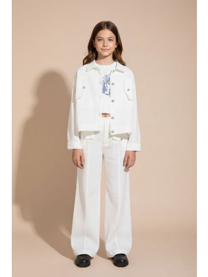 Cansın Mini Ekru Düğme Detaylı Keten Gömlekli Pantolonlu Kız Çocuk 3lü Takım 23496