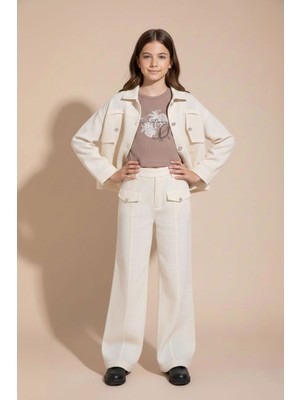 Cansın Mini Krem Düğme Detaylı Keten Gömlekli Pantolonlu Kız Çocuk 3lü Takım 23495