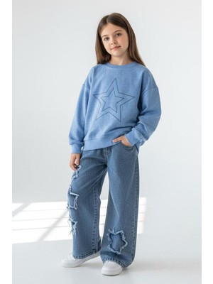 Miniğimin Cicileri Minigimin Cicileri Yıldız Taşlı Detaylı Sweatshirt Yıldız Detay Jean Pantolonlu 2 Li Kız Çocuk Takım - Mavi