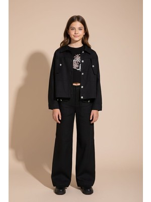 Cansın Mini Siyah Düğme Detaylı Keten Gömlekli Pantolonlu Kız Çocuk 3lü Takım 23494