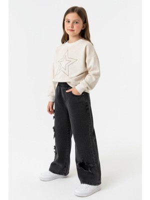 Miniğimin Cicileri Minigimin Cicileri Yıldız Taşlı Detaylı Sweatshirt Yıldız Detay Jean Pantolonlu 2 Li Kız Çocuk Takım - Krem