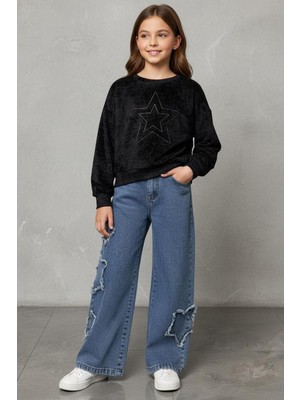 Miniğimin Cicileri Minigimin Cicileri Yıldız Taşlı Detaylı Sweatshirt Yıldız Detay Jean Pantolonlu 2 Li Kız Çocuk Takım - Siyah