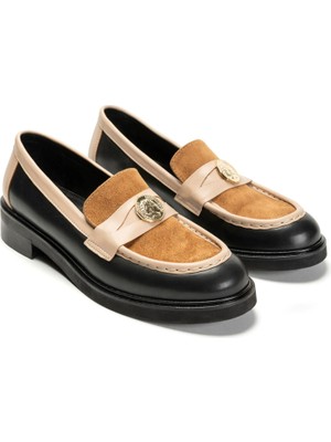 Emienza Hera Vegan Deri Altın Broşlu Bant Detaylı Kalın Taban Bayan Loafer