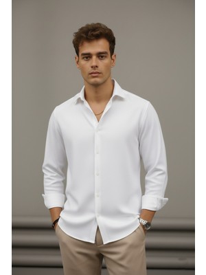 Bürke Sofya Keten Beyaz Yarım Oversize Erkek Gömlek