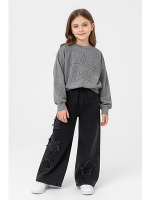Miniğimin Cicileri Minigimin Cicileri Yıldız Taşlı Detaylı Sweatshirt Yıldız Detay Jean Pantolonlu 2 Li Kız Çocuk Takım - Gri