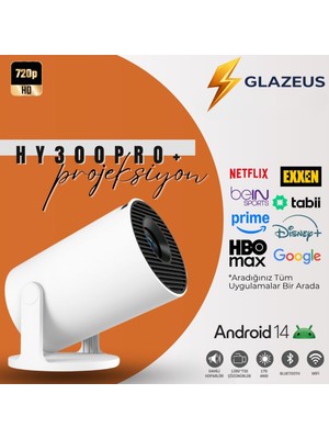 Glazeus Glaze-Us HY300PRO+ Akıllı Projektör, Yeni H726 Çip, Android 14, Wifi, Bluetooh