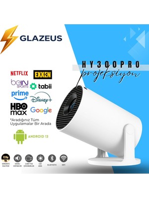 Glazeus Glaze-Us HY300PRO Taşınabilir Akıllı Projektör 2+16GB, Android 13, Wifi, Bluetooth, T950S Yeni Çip