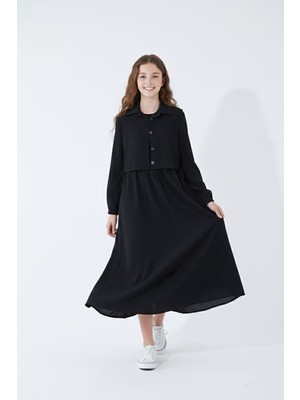 Cansın Mini Siyah Bürümcük Kumaş Bağcıklı Süveterli Kız Çocuk Uzun Elbise Takımı 23518