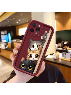 HONTINGA iPhone 15 Pro ile Uyumlu Kılıfı Düşüme Önleyici Basitlik Anti Düşme Kamera Korumali Tatlı Kedi Bordo Desen Yumuşak Silikon Telefon Kılıfı Kadın ve Erkek Için Uygundur Arka Kılıf K2-7154