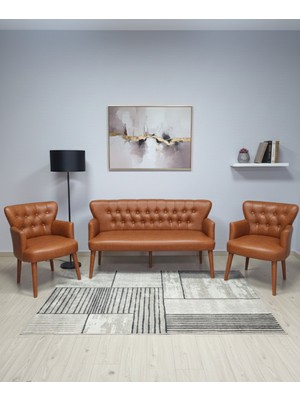 Azra Mobilya Taba Deri Chester Tarz Koltuk Takımı Modern Tasarım, Dayanıklı Ahşap Ayaklı Oturma Grubu (3+1+1)