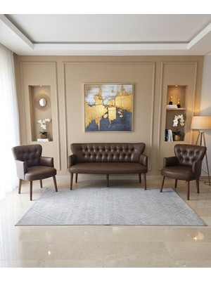 Azra Mobilya Acı Kahve Deri Chester Tarz Koltuk Takımı Modern Tasarım Dayanıklı Ahşap Ayaklı Oturma Grubu (3+1+1)