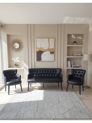 Azra Mobilya Siyah Deri Chester Tarz Koltuk Takımı Modern Tasarım, Dayanıklı Ahşap Ayaklı Oturma Grubu (3+1+1)