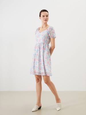 Lc Waikiki Yeni Sezon Kalp Yaka Çiçekli Balon Kollu Elbise