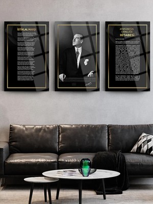 Taulart Atatürk Gençliği Hitabe ve Istiklal Marşı 3 Lü Set 4mm Kırılmaz Temperli Yüksek Çözünürlüklü Cam Tablo