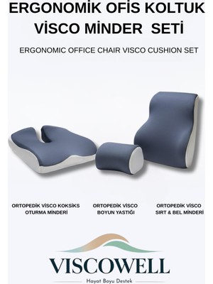 Viscowell Visco Ergonomik Ofis Koltuk Minder Seti %100 Visco Koksiks Minder Sırt Bel Minderi Araç Boyun Yastığı