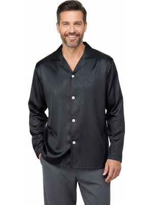 Ottoland Erkek Klasik Model Saten Gecelik Gömlek Premium Ipeksi Saten Kumaş Cepli Tam Kalıp