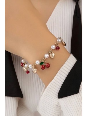 Steelva Kirazlı Kalpli Incli Bileklik