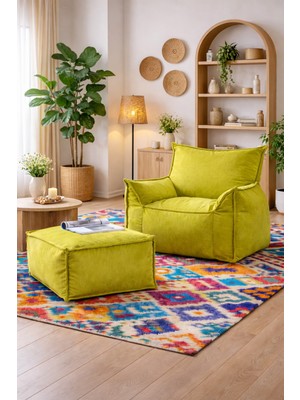 Homedius Notre Kadife Koltuk Puf Set Limon Küfü / Yağ Yeşili