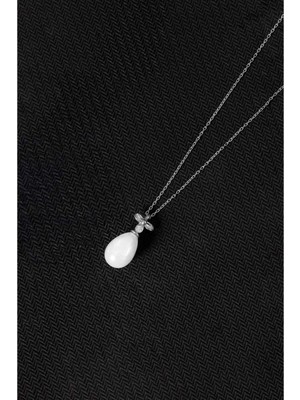 Else Silver 925 Ayar Gümüş Fiyonk Damla Inci Kolye - Rodyum Kaplama