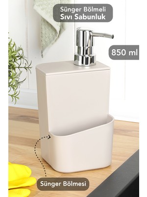 Meleni Home Süngerlik Bölmeli Sıvı Sabunluk - Tezgah Üstü Süngerlikli Sabunluk Mutfak Organizer 850ML Bej