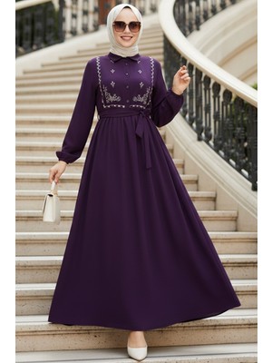 Desen Detaylı Mor Tesettür Elbise 10304MOR
