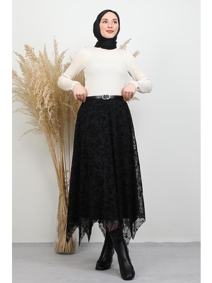 Kadife Işleme Tül Etek Siyah
